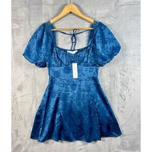 NTW! All in Favor Blue Satin-Like Mini Dress Puff Sleeve Lace Accent Sz Small
